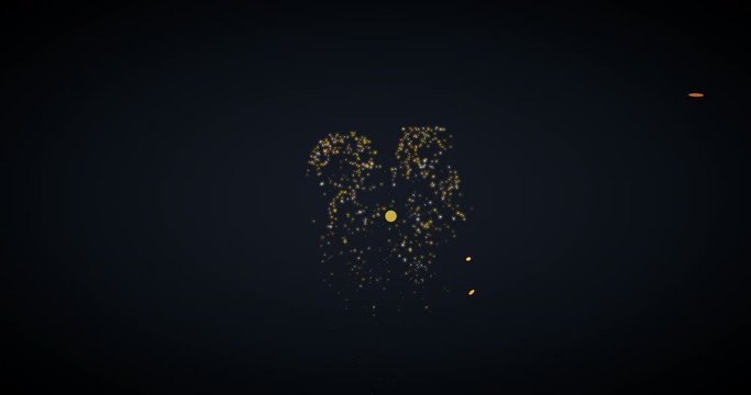 25 years anniversary motion graphic 4K footage with golden color particles and number. Background with alpha channel