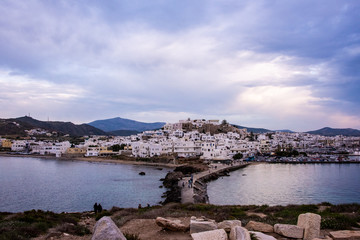 Panorama of Naxos at Dusk agins cloudy sky
