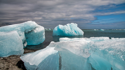 Landscape view of Jokullsarlon lagoon with floating ice, Iceland in summer