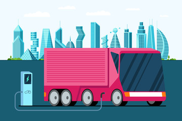 Electric truck at charging station. Hybrid futuristic semi trailer vechicle on future city. Modern e-vehicle technology and environment care concept. Flat vector illustration