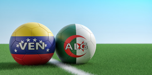 Algeria vs. Venezuela Soccer Match - Soccer balls in Algeria and Venezuelas national colors on a soccer field. Copy space on the right side - 3D Rendering