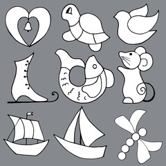 set of painted icons in black and white