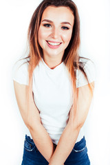 young pretty teenage hipster girl posing emotional happy smiling on white background, lifestyle people concept closeup