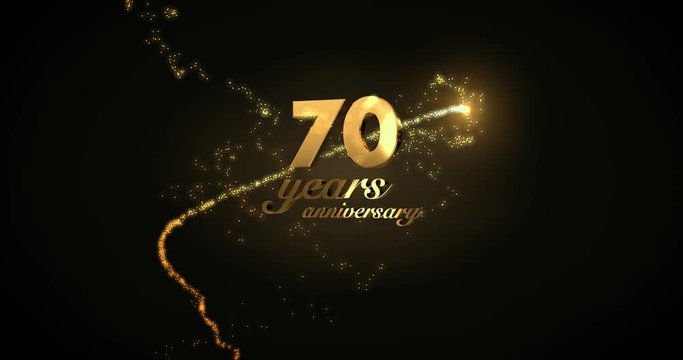 70 years anniversary motion graphic 4K footage with golden sparkling trail, particles and number. Background with alpha channel