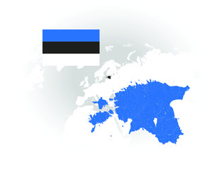 Map of Estonia with rivers and lakes, national flag of Estonia and world map as background. Please look at my other images of cartographic series - they are all very detailed and carefully drawn by ha