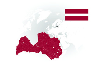Map of Latvia with rivers and lakes, national flag of Latvia and world map as background. Please look at my other images of cartographic series - they are all very detailed and carefully drawn by hand