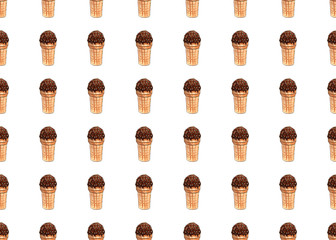 Seamless ice-cream pattern. Watercolor hand drawn summer beach print in unusual colors with ice lolly and Ice cream in a waffle cup background. Food print. Fabric, paper, cover, web, frame