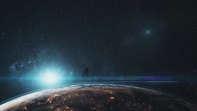 3d animation spaceman in spacesuit silhouette flies over illuminated planet Earth against stars light. Computer graph. Science and technology concept. 4K. Elements of this media furnished by NASA