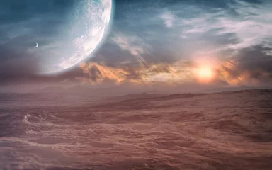 Fotobehang distant alien planet desert landscape environment with majestic sky with epic sunset © archangelworks