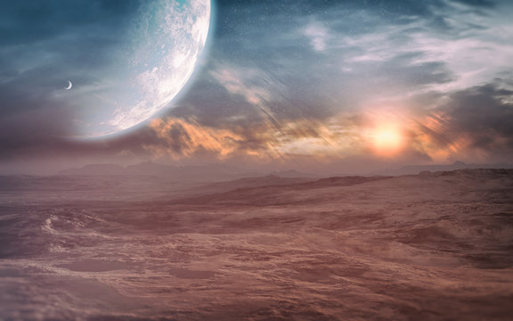 distant alien planet desert landscape environment with majestic sky with epic sunset
