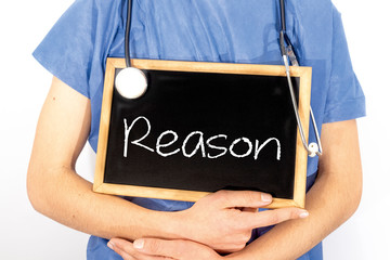 Doctor shows information on blackboard: reason.  Medical concept.