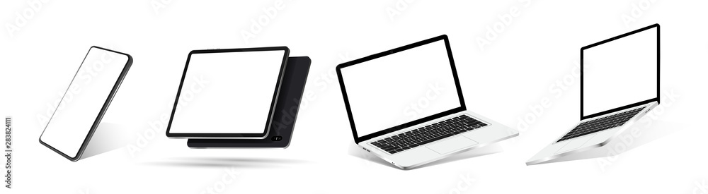 Poster mock-ups gadgets collection ( smartphone, tablet, laptop, notebook ) blank screen for you design. 3d