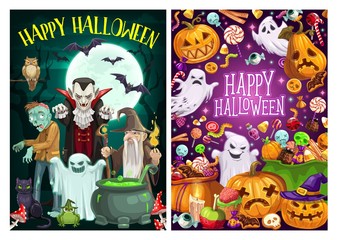 Halloween party cartoon witches and dead monsters
