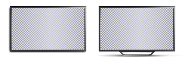 TV mockup with blank screen. Two realistic 3D TVs, wall-mounted and with legs for horizontal surfaces. Modern stylish lcd panel, led type. Large computer monitor display mockup. Vector lcd set