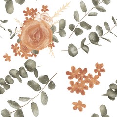 vintage hand painted botanical pattern with hand drawn textured owls and floral composition ideal for wedding stationery.
