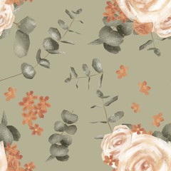 vintage hand painted botanical pattern with hand drawn textured owls and floral composition ideal for wedding stationery.