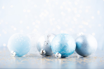 Christmas ball background. Greeting card decorations on a blue background.