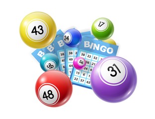 Bingo lottery balls and lotto cards lucky numbers - obrazy, fototapety, plakaty