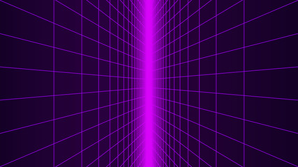 Synthwave background. 80s sci-fi retro style. Dark futuristic backdrop with two perspective grids from sides. Purple neon glowing in the distance. Geometric template