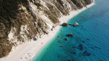 Fototapeta na wymiar Aerial drone photo of popular beach of Kavalikefta with turquoise clear sea in island of Lefkada, Ionian, Greece