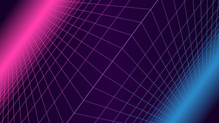 Synthwave background. 80s sci-fi retro style. Dark futuristic backdrop with perspective grid making two inclined horizon lines. Purple and blue neon glowing in the distance. Geometric template