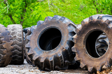 Big tractor tires in outdoor in repair house