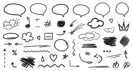 Hand drawn infographic elements on isolation background. Set of think and talk speech bubbles. Hatching doodles on white. Black and white illustration