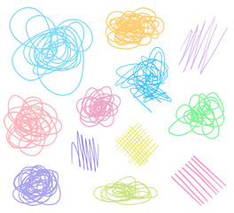 Multicolored hatching shapes with array of lines on white. Wavy samples. Hand drawn tangled patterns. Colorful illustration. Sketchy elements for design