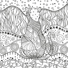Abstract cat. Hand drawn patterns on isolation background. Design for spiritual relaxation for adults. Black and white illustration for anti stress colouring page