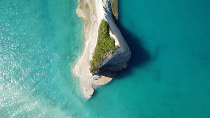 Aerial drone bird's eye view photo of iconic white rock volcanic formations of Canal d' Amour in Sidari area, North Corfu island, Ionian, Greece
