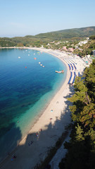 Fototapeta premium Aerial drone photo of natural beauty bay and sandy beach of Valtos with watersports facilities and emerald sea. Parga, Epirus