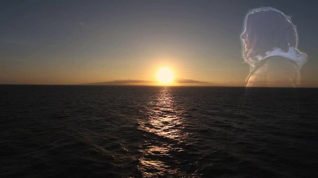Cinemagraph sea sunset wallpaper with girl in transparency looking at the sun