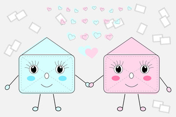 Two cute kawaii envelopes a boy and a girl holding hands, a symbol of love and friendship