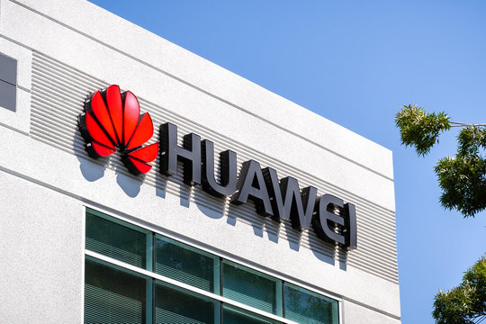 June 3, 2019 Santa Clara / CA / USA - Huawei logo at their offices in Silicon Valley; Huawei is a Chinese technology company that provides telecommunications equipment and sells consumer electronics