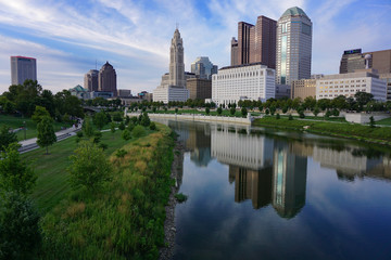 Downtown Columbus Ohio Cityscape with buildings reflecting in the Scioto River