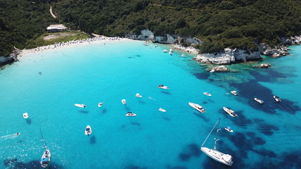 Obraz premium Aerial drone photo of tropical Caribbean bay with white sand beach and beautiful turquoise and sapphire clear sea