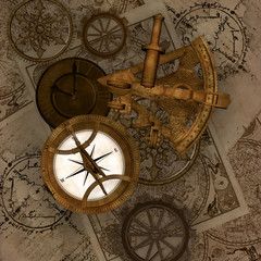 Fototapeta na wymiar Compass and sextant on a vintage background with maps