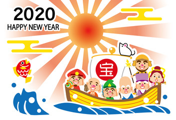 2020　ハッピーニューイヤー　ご来光　七福神の宝船　テンプレート