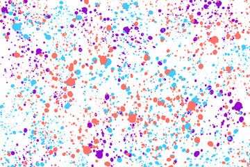 Neon cyan, purple and coral random round paint splashes on white background. Abstract colorful texture for web-design, website, presentations, digital printing, fashion or concept design.