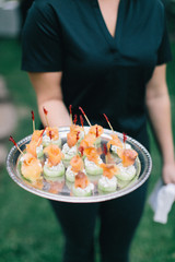 Waiter holding cucumber, cream cheese, and smoked salmon appetizer, wedding reception appetizer