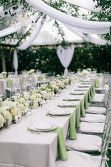 Outdoor summer wedding tent decorated with hanging fabric, greenery, and crystal chandeliers, wedding reception tables, green accent color