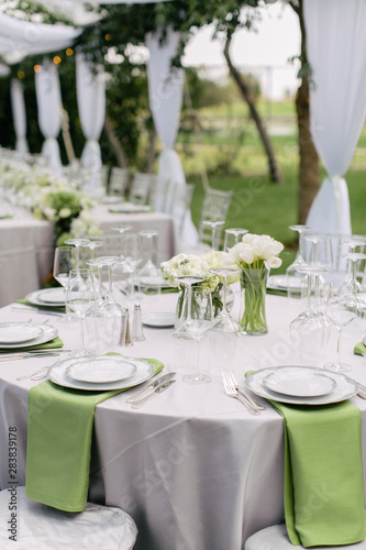Wedding Reception Table Setting Fine China Plates Green Napkin