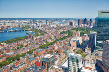 Fototapeta na wymiar Panoramic aerial view of Boston from Prudential Tower observation deck