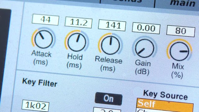 Sound tuning on a professional electronic mixer. Control panel for tuning sound channels. Monitor electronic mixer. Close-up