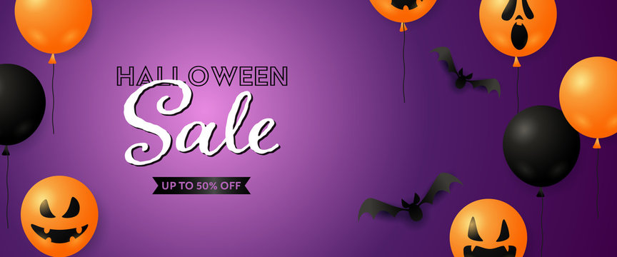 Halloween Sale banner with ugly mask air balloons and bats