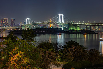 Fototapeta premium Tokyo skyline with Tokyo tower and rainbow bridge. Tokyo, Japan.