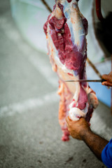 The process of cutting the meat during Hari Raya. A man with a knife is cuttting the meat hanging on the hook.