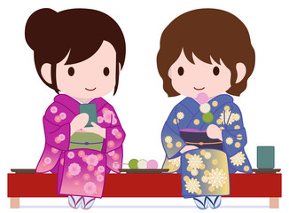 可愛い女子旅　ベンチで団子とお茶　タイプC