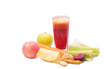 Fresh, healthy juice in a glass with carrots, apple and celery stalks, Vegetable juice isolate on white background