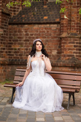 Portrait of Caucasian Brunette Bride with Tiara and Necklace. Posing in Castle Yard Outdoors.